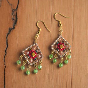 Diamond Shape Beaded Chandelier Earrings - Pink, Red, and Green Boho Fringe Jewellery, Handmade Statement Dangle Earrings, Festival Earrings
