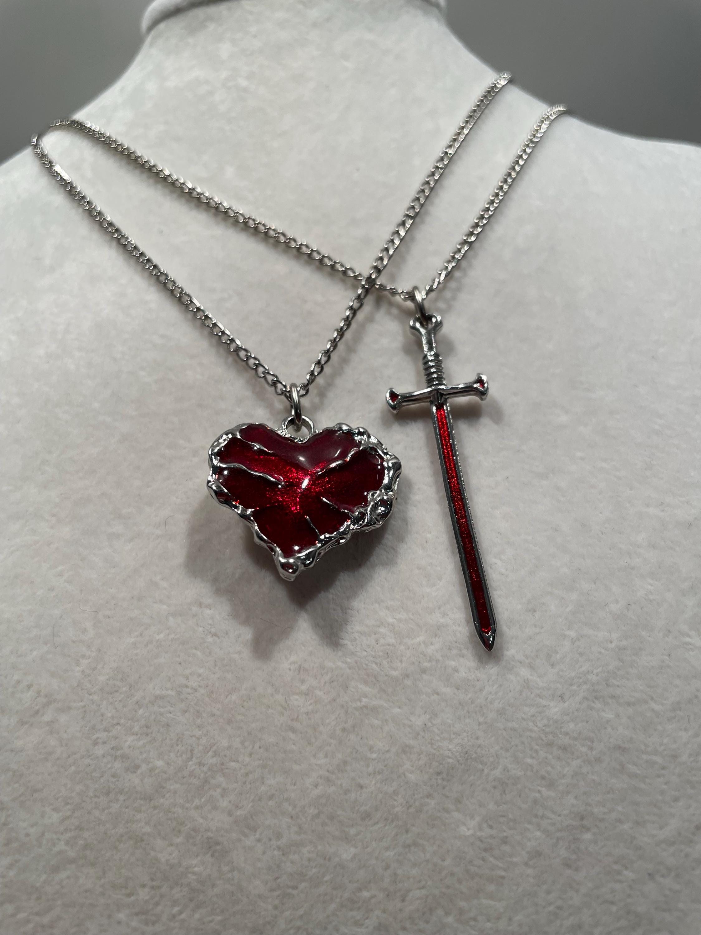 thumbnail image 2 of Gothic Vampire Red Heart Necklace With Cross & Sword – Halloween Jewelry Gift 2 of 4