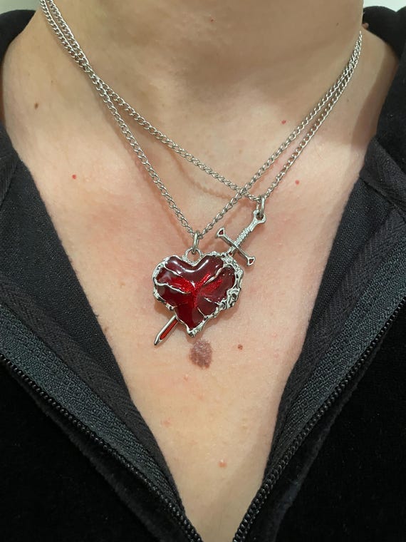Gothic Heart and Sword Necklace, Matching Couple Necklace, Lovers