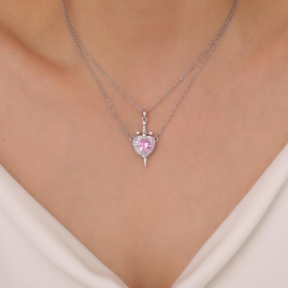 Pink Heart and Sword Necklace, Couple Necklace, Pendant, Lovers Jewelry, Romantic, Gifts for Her, Valentine’s Day, Elegant Matching Necklace