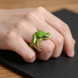 Puede incluir: Un anillo con forma de rana de color verde brillante con un acabado liso y lustroso. La rana aparece en posición agachada, con las patas delanteras extendidas a lo largo del aro y las traseras recogidas, rodeando el dedo con gran detalle.