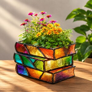May include: A stained glass planter shaped like a stack of three books with textured, multicoloured panels in shades of red, orange, yellow, green, blue, and purple, containing a cluster of small pink and yellow flowering plants.