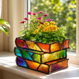 Peut inclure: Un pot de fleurs en verre teinté en forme de pile de trois livres avec des panneaux texturés multicolores dans des tons de rouge, orange, jaune, vert, bleu et violet. Le pot contient diverses petites plantes à fleurs roses et jaunes.