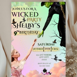 Wicked Geburtstagseinladung: Elphaba & Glinda Kinokarten-Thema (Canva bearbeitbar, digitaler Download)