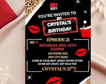 Invitación de cumpleaños de Jersey Shore: Plantilla editable de Canva (Descarga digital 5x7, Invitación electrónica 1080x1920)