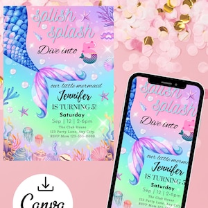 Mermaid Birthday Invitation: Editable Under the Sea Party Invite (5x7 PDF Template for Canva Pro)