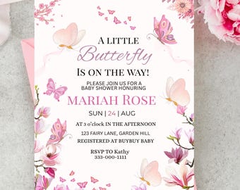 May include: A baby shower invitation with a butterfly theme. The invitation features the text "A Little Butterfly Is On The Way!" and includes details for Mariah Rose's baby shower. Pink and purple floral and butterfly illustrations decorate the invitation.