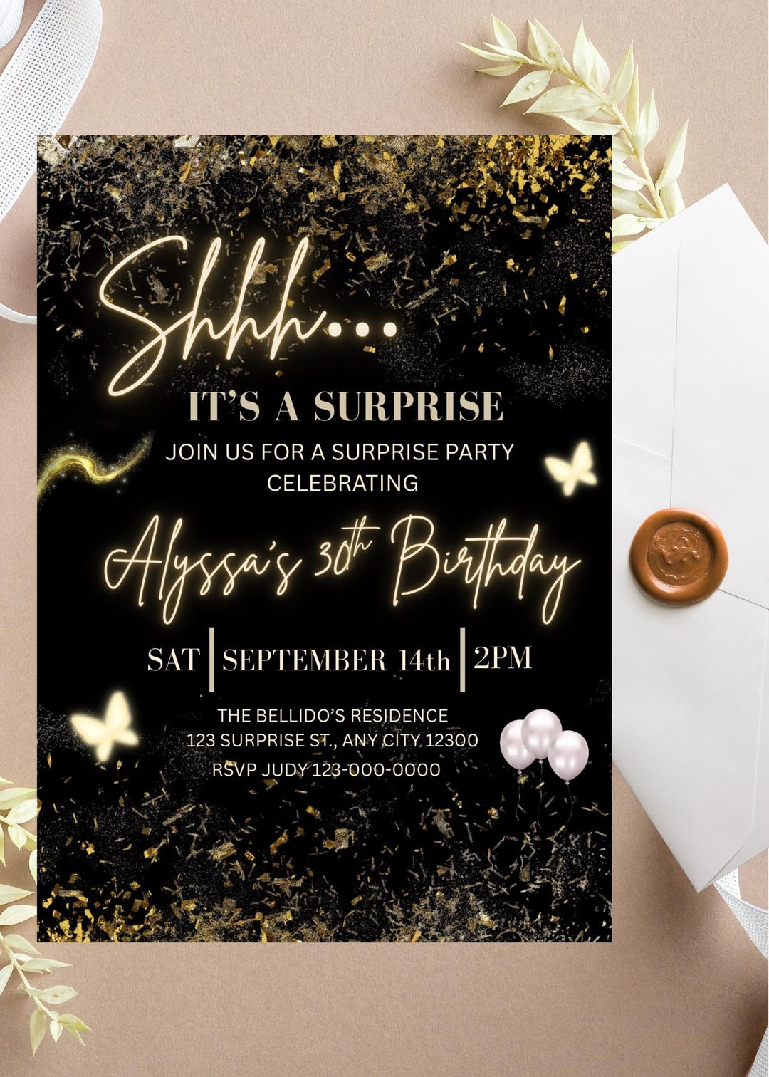 Black and Gold Glitter Surprise Birthday Invitation: Editable Template ...
