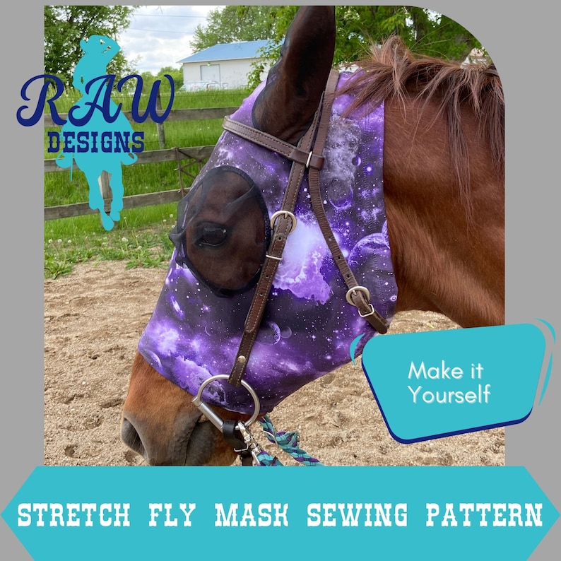 May include: A purple and black galaxy print horse fly mask with a black mesh nose piece. The mask is attached to a brown leather halter. The text "Make it Yourself" is on a blue background.