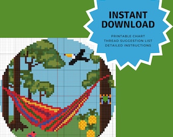 Cuadro de bordado en lienzo "Hamacas en la selva tropical"