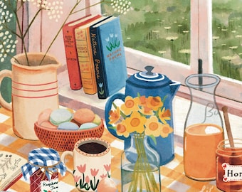Op de afbeelding: Een ontbijttafel met een geruit tafelkleed, een kan melk, een theepot, een kom met ontbijtgranen, een bord met toast met jam, een kop koffie, een pot met frambozenjam, een pot met honing, een vaas met gele bloemen en een stapel boeken met de titel "Nature Poems".