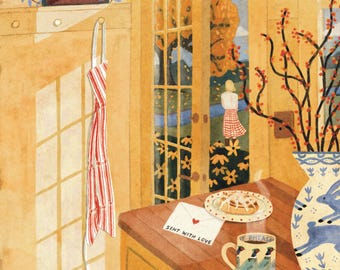 Op de afbeelding: Een aquarelschilderij van een keukeninterieur met een raam dat uitkijkt op een herfstscène. Een vrouw in een rood-witte jurk staat in de deuropening. Op de voorgrond staat een tafel met een mok, een kaneelrol en een envelop met de woorden "Sent with Love".
