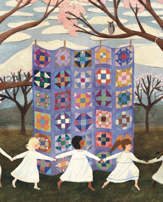 Airing of the Quilt Art Print | Cozy Art, Quilt Art Print, Spring Celebration, Spring Painting, Seasonal Art, Folk Art, Country Living Art
