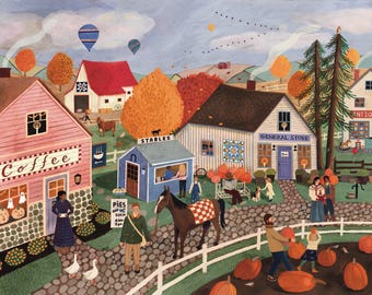 May include: A watercolour painting depicting a quaint village with autumnal foliage. The village features a coffee shop, a general store, a stable, and a pie shop. Pumpkins and hot air balloons are visible in the sky. The painting is rendered in a whimsical style.
