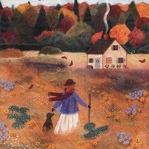 Stampa artistica di un prato autunnale / Donna, cane e arte popolare in stile cottage