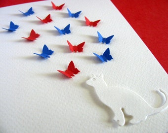 Creamy Ivory 3D Cat with Fluttering Mini Butterflies as Shown of YOUR Choice of Colours / Vertical or Horizontal / A2 size / Made to Order