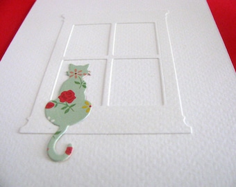 Sample Curious Cat Sitting on Windowsill Creamy Ivory Card in YOUR Color Choice for Cat (Paper Shown Not Available) A2 size. Made to Order