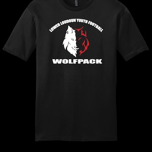May include: Black t-shirt with the text "LOWER LOUDOUN YOUTH FOOTBALL" above a wolf graphic split in white and red. The word "WOLFPACK" is below the graphic in white. The shirt has a crew neck.