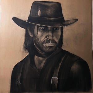 Ritratto di un cowboy a carboncino / Disegno di un fuorilegge western su carta colorata / Arte murale rustica per giocatori e collezionisti