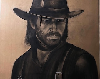 Retrato de vaquero al carboncillo: Arte de fan de un forajido del oeste sobre papel vintage entonado