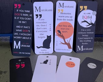 May include: A collection of literary-themed bookmarks featuring quotes and illustrations. The bookmarks showcase quotes from Murakami's novels, with a black cat silhouette and the text "KAFKA On the shore". The color palette includes black, white, and orange.