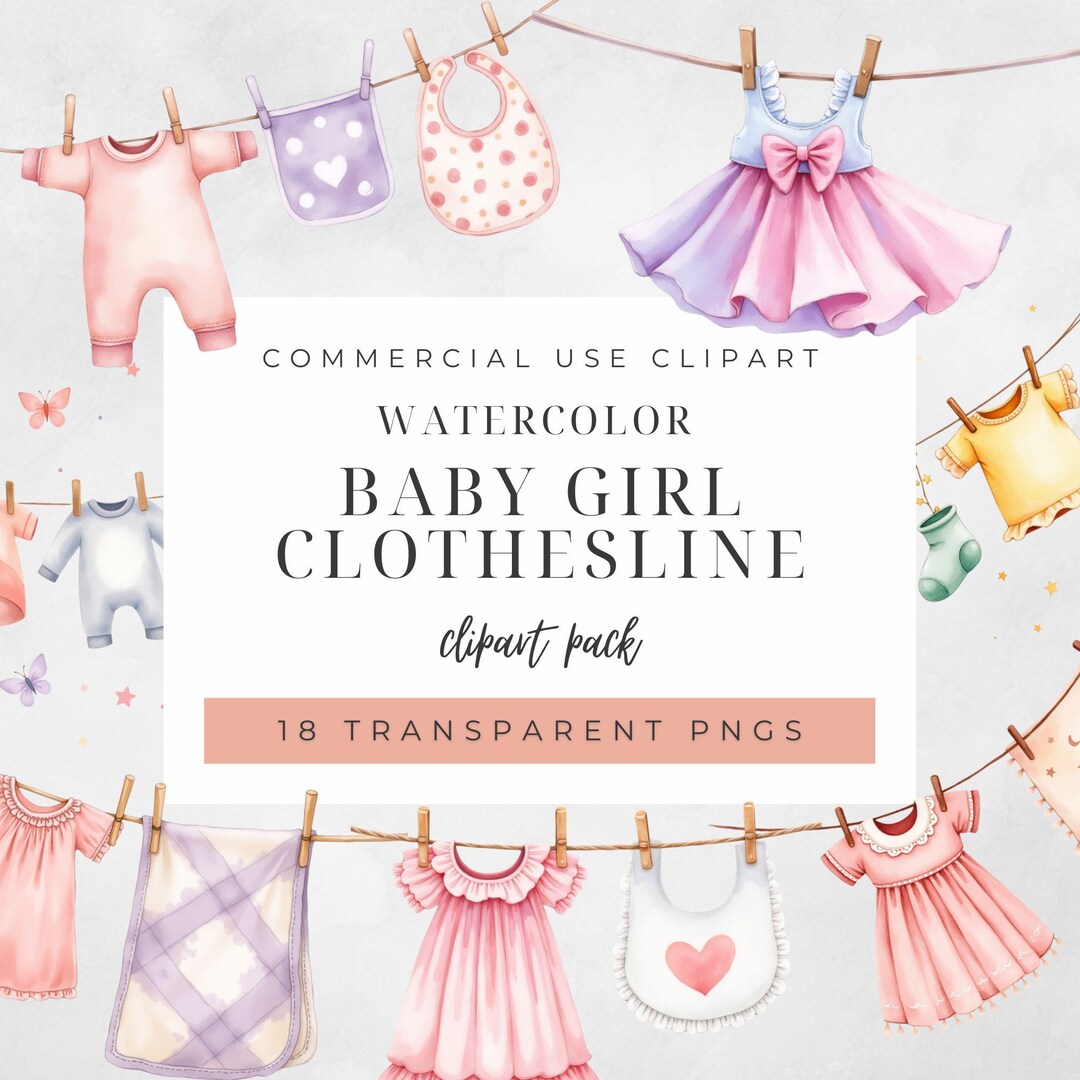 Watercolor Baby Girl Clothesline Clipart | 18 PNG Boho Baby Shower ...