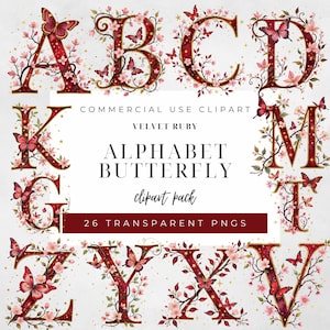 Può includere: Un insieme di lettere dell'alfabeto, ciascuna decorata con motivi floreali e farfalle. Le lettere sono di un rosso intenso con dettagli dorati, circondate da fiori rosa e farfalle. Il testo "ALPHABET BUTTERFLY clipart pack" è incluso.
