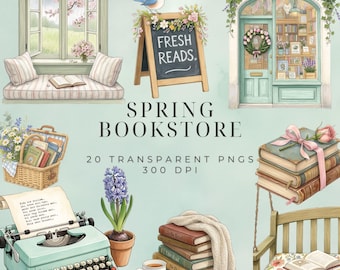 Boho Spring Bookstore Clipart 20 PNG Watercolor Floral Reading Vintage Books Cherry Blossom Library Pastel Book Lover Sublimation