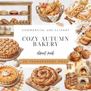 Puede incluir: Una colección digital de ilustraciones en acuarela de panadería con tartas, cruasanes en una cesta, magdalenas, rollos de canela y pasteles. El texto incluye COMMERCIAL USE CLIPART, COZY AUTUMN BAKERY, clipart pack, 20 TRANSPARENT PNGS y LA PETITE BOULANGERIE.