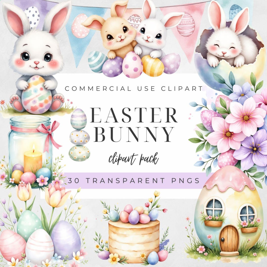 Easter Bunny Clipart Bundle | 30 PNG Cute Spring Bunnies, Easter Eggs ...