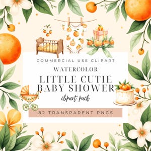 Little Cutie Orange Clipart | Watercolor Oranges & Flowers PNG | Baby Shower Citrus Clipart | Orange Fruit Clipart | Little Cutie On The Way