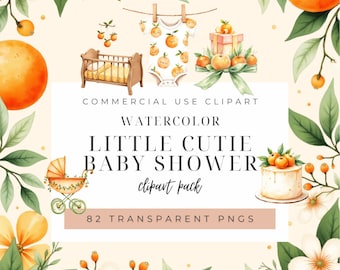 Little Cutie Orange Clipart | Watercolor Oranges & Flowers PNG | Baby Shower Citrus Clipart | Orange Fruit Clipart | Little Cutie On The Way