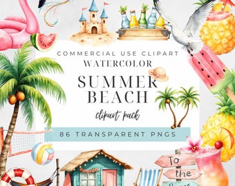 Watercolor Summer Clipart | Beach Day Clipart | Summer Vacation Clipart | Cute Tropical Clipart | Holiday & Seaside Clipart | 86 PNG Bundle