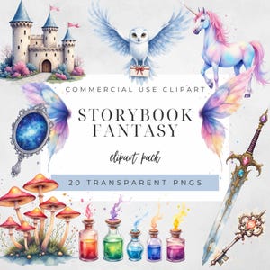 Op de afbeelding: Waterverf clipartpakket met een kasteel, uil, eenhoorn, vleugels, spiegel, paddenstoelen, drankflessen, zwaard en sleutel. De tekst luidt "Storybook Fantasy" en "20 Transparent PNGs".