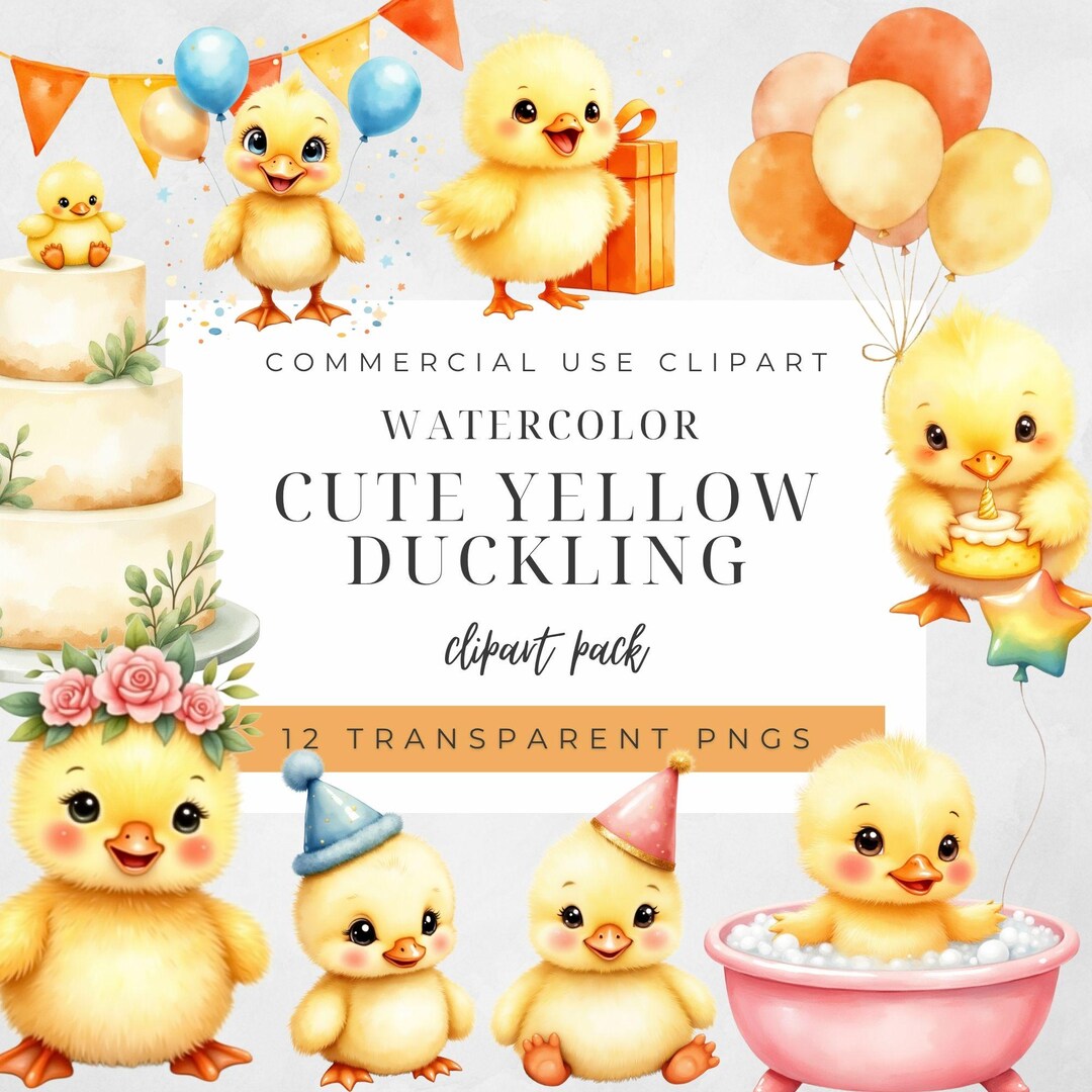 Yellow Duck Clipart | One Lucky Duck PNG | Cute Watercolor Duckling ...