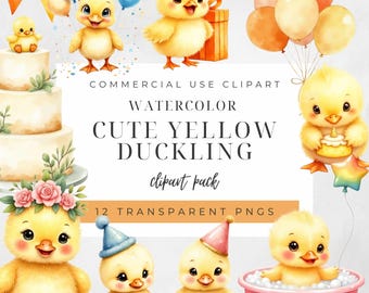 Gelbe Ente Clipart | Eine glückliche Ente PNG | Niedliches Aquarell Entlein Clip Art | Geburtstag Einladen Gummiente Party Hut Luftballons Bauernhof Dekor