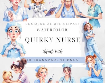 Krankenschwester Clipart | 18 PNG lustige Krankenschwester Aquarell Illustrationen, medizinische & Krankenhaus Grafiken, wunderliche Mädchen Clipart, kommerzielle Nutzung