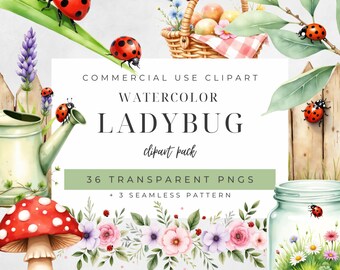 Ladybug Clipart Bundle | 36 PNG + 3 Seamless Patterns | Cute Watercolor Ladybugs, Nursery Insect Art, Garden Clipart, Kids Crafts, Stickers