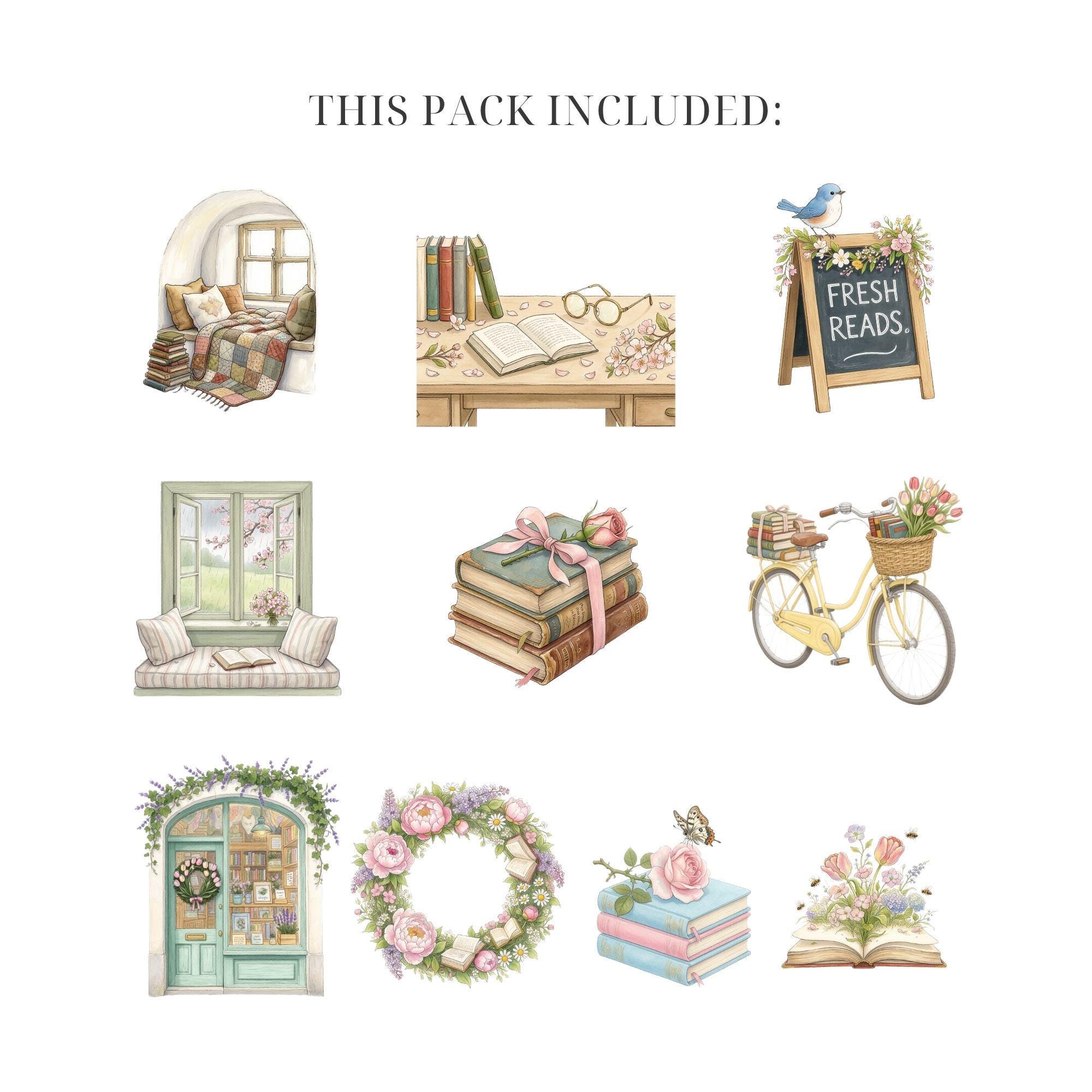 Spring Bookstore Signs Boho Spring Bookstore Clipart 20 PNG Watercolor Floral Reading Vintage ...