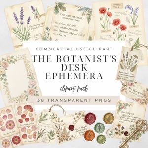 Botanist Desk Ephemera 38 PNG Vintage Junk Journal Kit Botanical Specimens pressed flowers Victorian stationery digital scrapbook papers