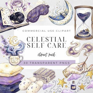 Puede incluir: Una colección de imágenes prediseñadas digitales titulada Celestial Self Care que presenta ilustraciones en acuarela de un gato durmiendo sobre un libro, un antifaz, una luna creciente, un reloj de arena, una taza, almohadas, pantuflas y una mano.