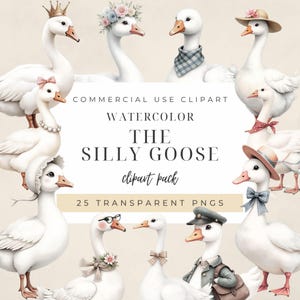 Silly Goose Clipart | Cute Watercolor Goose PNG | Whimsical Goose Illustration | Baby Shower, Birthday, Nursery Art | 25 Transparent Images