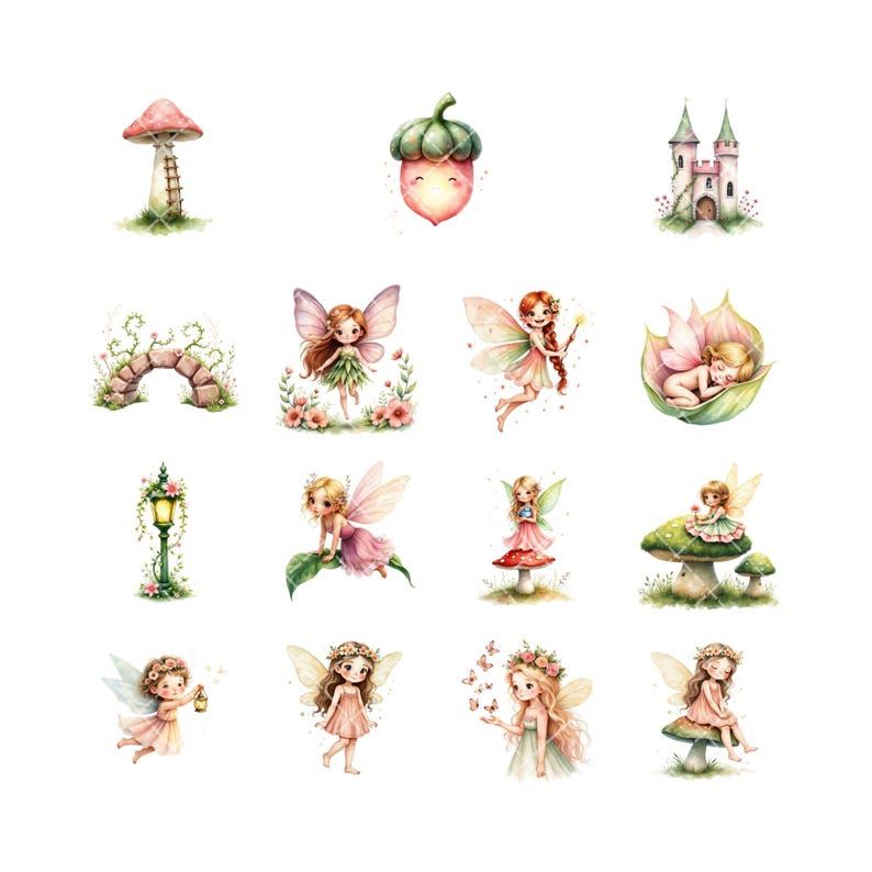 Fairy Garden Watercolor Clipart | 59 PNG Pink and Green Fairies, Fairy ...