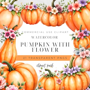 Clipart de acuarela de calabazas y flores, paquete de clipart de calabaza, calabaza PNG, clipart de calabazas de otoño, flores en calabaza, uso comercial