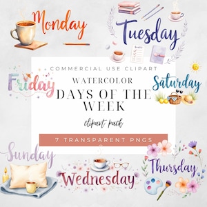 Può includere: Pacchetto di clipart ad acquerello con i giorni della settimana, ognuno con illustrazioni uniche. Lunedì ha una tazza di caffè, martedì ha libri e un blocco note e sabato ha un cestino da picnic. È incluso anche il testo "COMMERCIAL USE CLIPART".