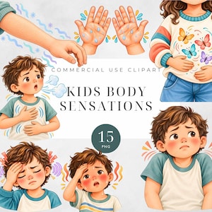 Può includere: Una collezione di clipart digitali intitolata Kids Body Sensations che presenta 15 illustrazioni PNG di bambini che provano varie sensazioni fisiche, tra cui sudorazione, brividi, mal di stomaco e febbre, con accenti grafici colorati.