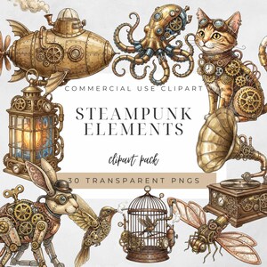 May include: A collection of digital illustrations featuring a steampunk airship, an octopus, a cat with goggles, a lantern, a rabbit, a bird in a cage, a gramophone, and a mechanical insect, with text reading COMMERCIAL USE CLIPART STEAMPUNK ELEMENTS.