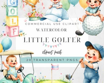 Paquete de imágenes prediseñadas de un pequeño golfista adorable: 20 carritos de golf en acuarela, equipo de golf y accesorios de golf, invitaciones para fiestas infantiles, cumpleaños y baby shower.