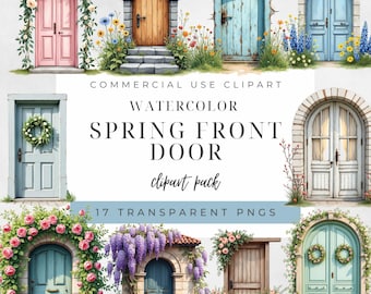 Watercolor Front Door Clipart | Cottagecore Door PNG Set | Floral Cottage Doors, Vintage Home Entrance Art for Scrapbooking & Crafts