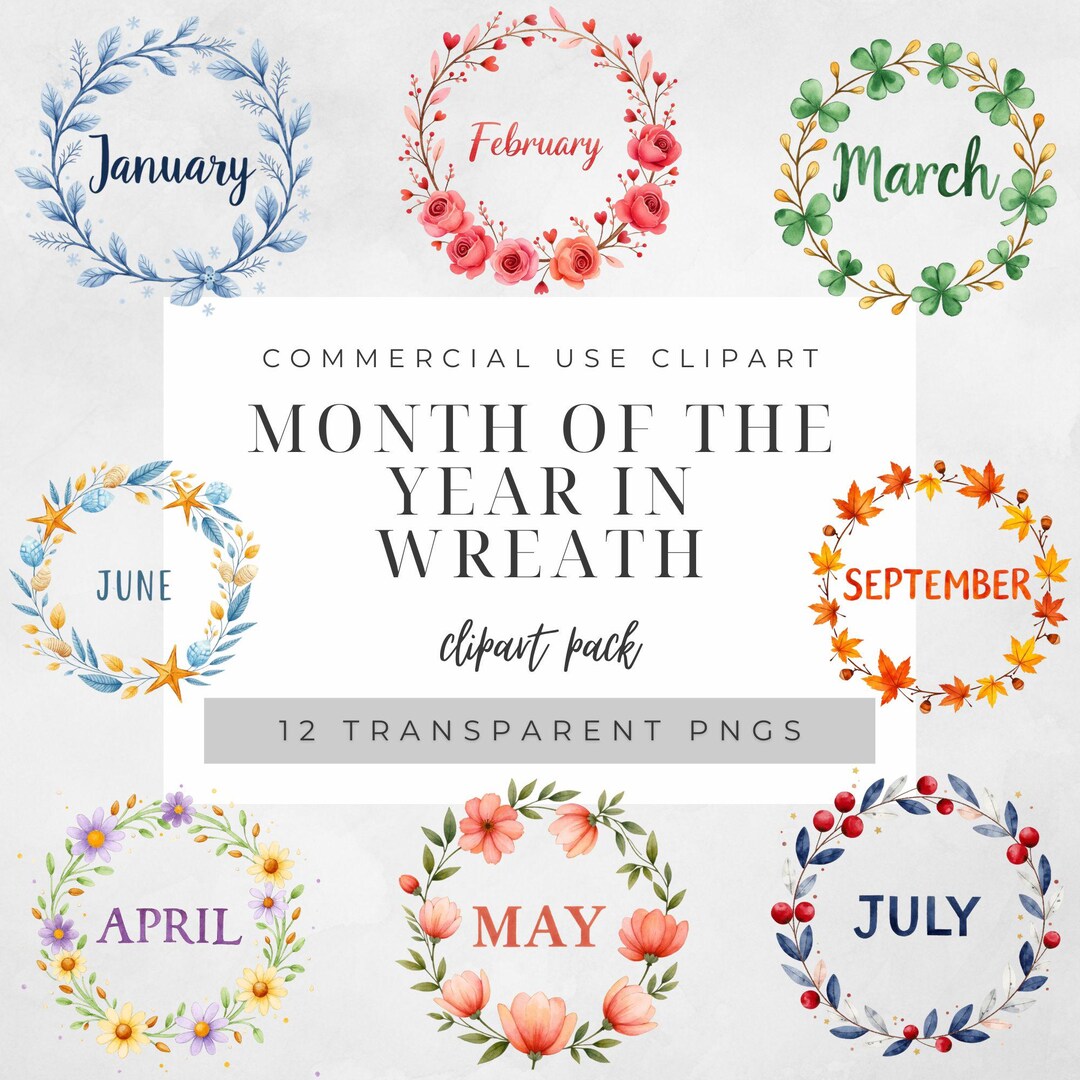 Months of the Year Clipart 12 PNG Seasonal Wreath Typography Watercolor ...